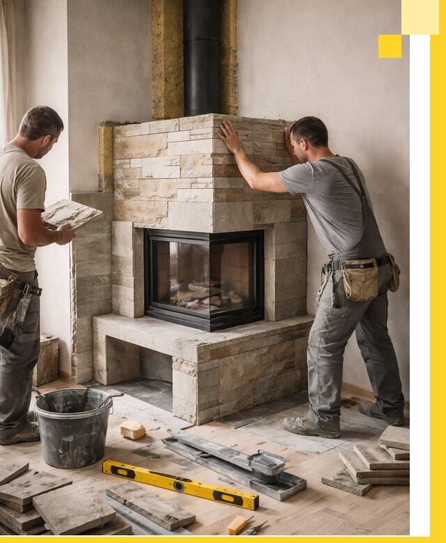 Угловые камины под ключ проект, монтаж и отделка в Шумерле