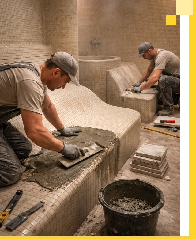 Лежаки для хамама под ключ в Шумерле, проект и монтаж