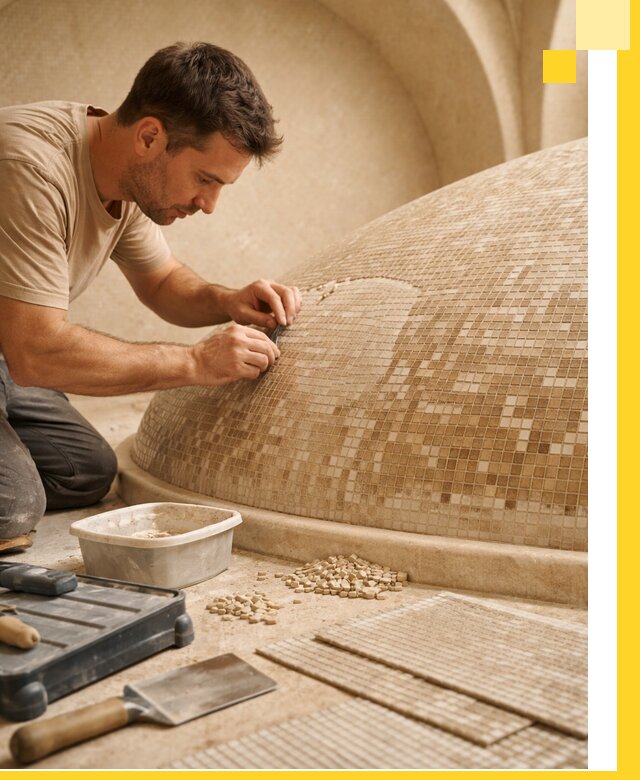 Профессиональная укладка мозаики для хамама под ключ в Шумерле